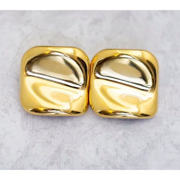 Vintage Gold Tone Square Shiny Dainty Clip On Earrings - CS1 - Picture 1 of 2